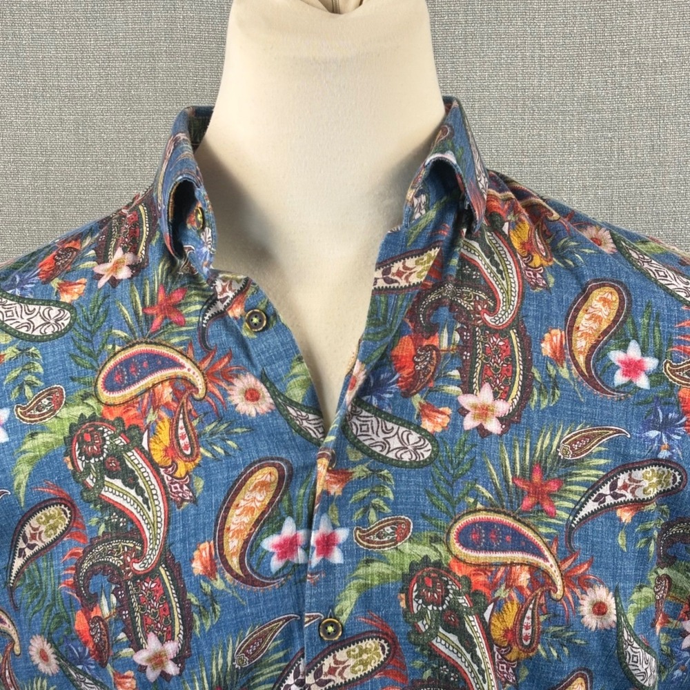 Visconti Black Mens Blue‎ Paisley Floral Tropical Button Up Long Sleeve Shirt - Picture 2 of 5